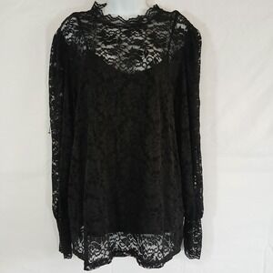 Dorose Top Black Sheer Overlay Floral Overlay Sz XL  Whimsical Boho Goth Witchy